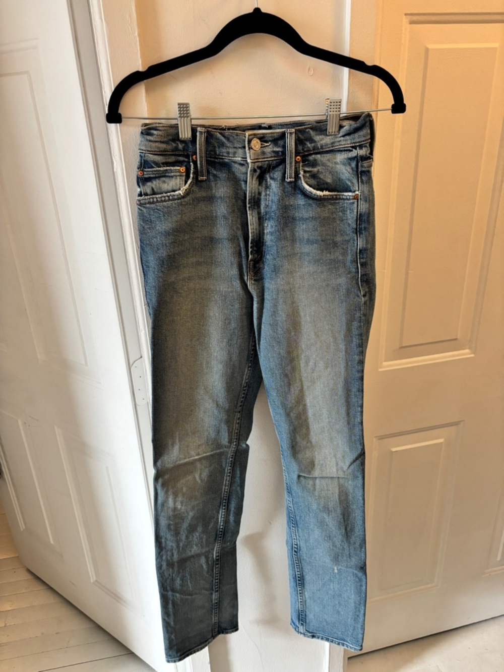 MOTHER High Waisted Rider Skimp Straight Leg Jeans in Light Blue Wash